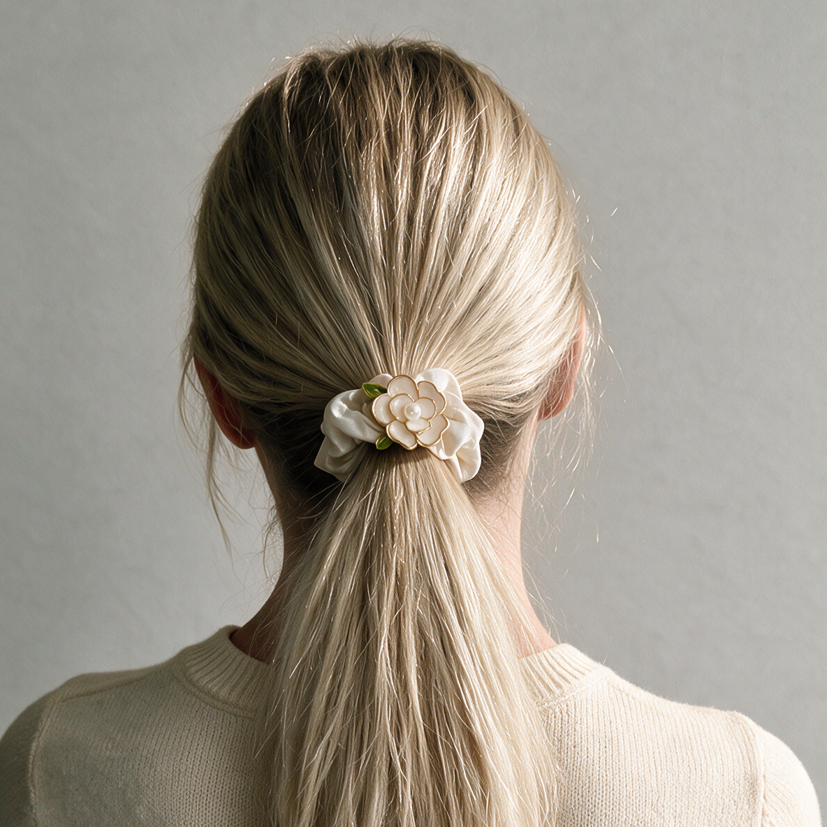 Ivory Camellia Scrunchie worn