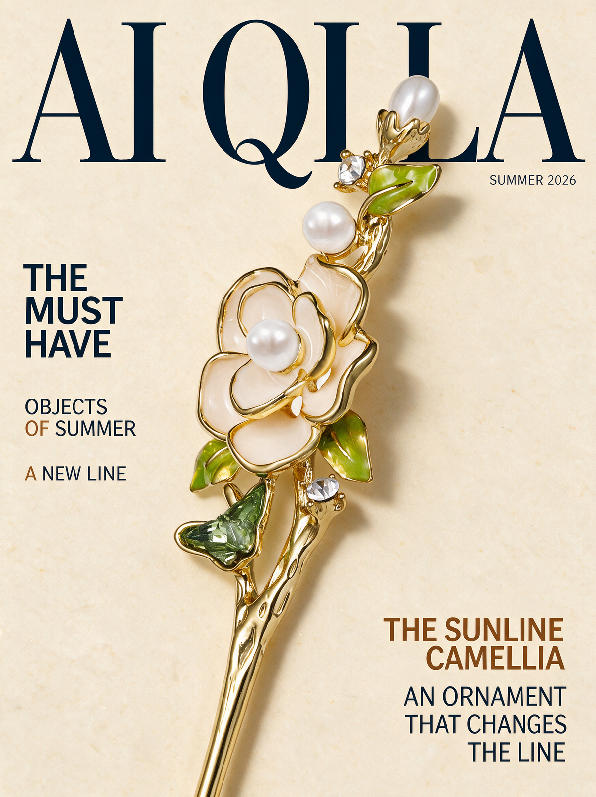 Sunline Camellia Hair Stick on the AI QI LA Summer 2026 editorial cover