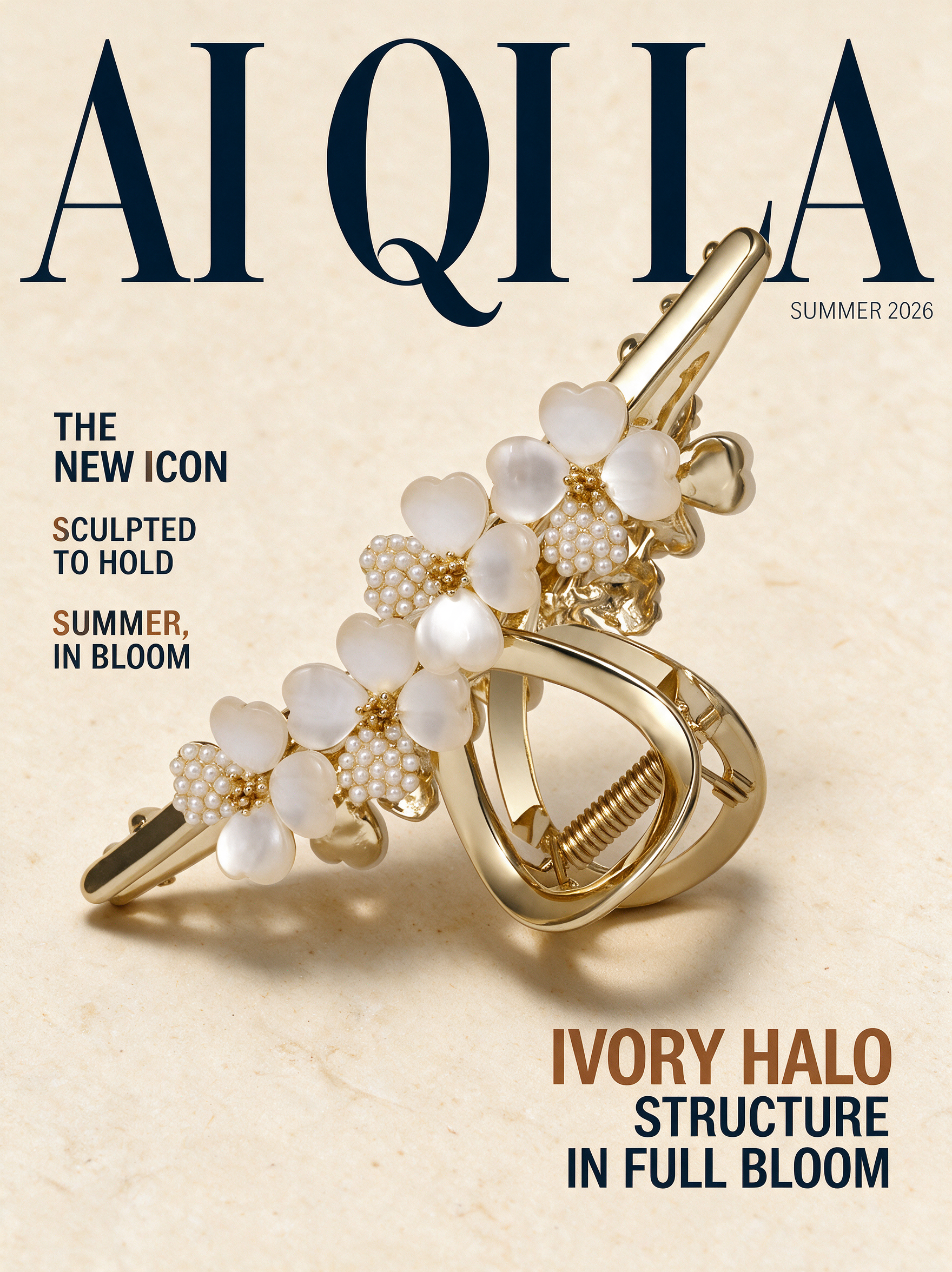 Ivory Halo Claw Clip on the AI QI LA Summer 2026 editorial cover