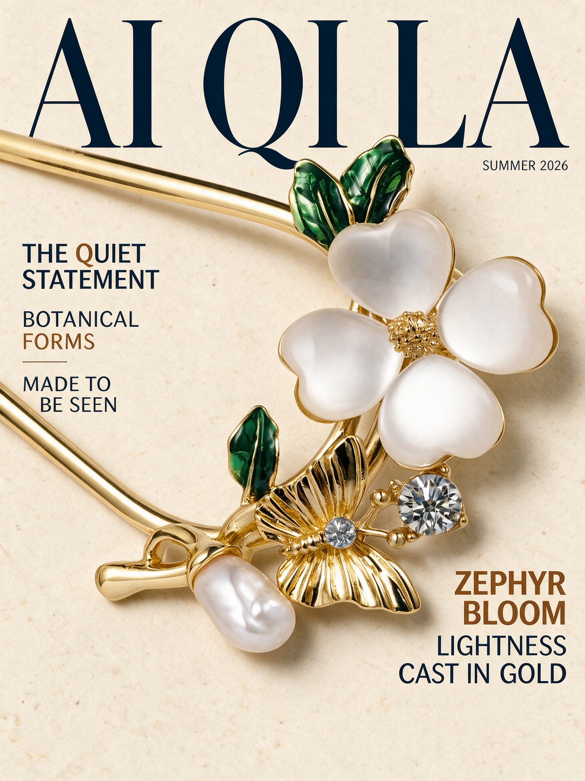 Zephyr Bloom U-Pin on the AI QI LA Summer 2026 editorial cover